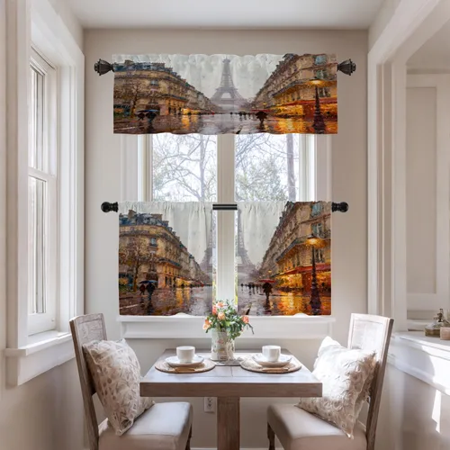 Miniatura 6 de Cortinas opacas de cocina con pintura al óleo de Europa rosa y negra para ventanas, cenefas opacas modernas de torre Eiffel de poliéster multicapa