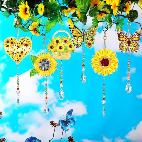Miniatura 6 de Tradder Juego de 6 piezas de arte de diamantes de girasol, atrapasoles para adultos, campanillas de viento de girasol, adornos de mariposa de doble