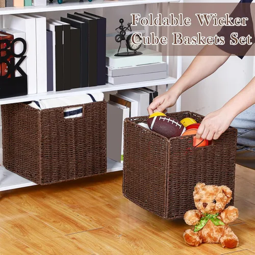 Miniatura 5 de Panelee Paquete de 6 cestas de mimbre plegables de mimbre tejidas a mano, cuerda de sauce de 11 x 11 x 11 pulgadas, cubos cuadrados organizadores