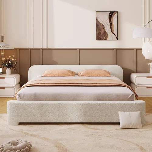 Miniatura 10 de Cama de Plataforma Tapizada con Forma Curva con Cabecera de Forma Curva, Marco de Cama de Madera Tamaño Full para Dormitorio de Niños y Adultos