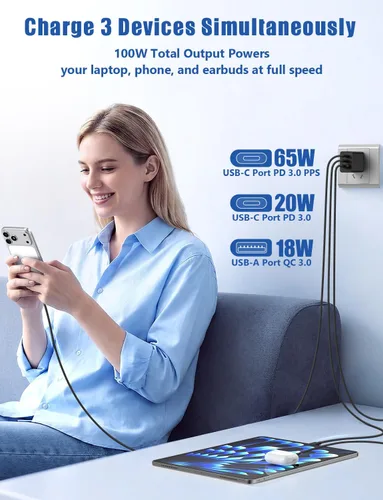 Miniatura 4 de Susnwere Cargador de pared USB C de 65 W para Samsung S26 Ultra, 3 puertos de 100 W PD rápida 3.0 tipo C carga con cable USB C de 3/6/10/10 pies