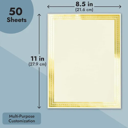 Miniatura 7 de Juvale Papel de certificado de lámina dorada, papel de premio compatible con impresoras para impresión, cartulina versátil con borde dorado, 8.5 x