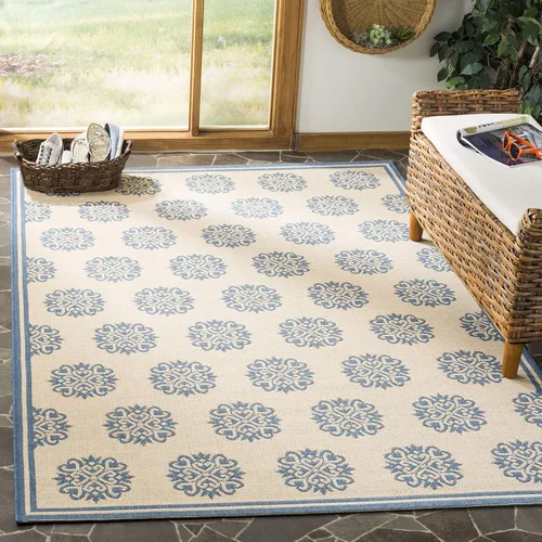 Miniatura 6 de SAFAVIEH Alfombra lavable al aire libre Linden Collection – 6'7" cuadrada, crema y beige, no desprende pelusa y fácil de limpiar, ideal para patio