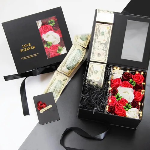 Miniatura 3 de Caja de dinero para regalo en efectivo - Caja de regalo de flores de lujo con tirador de dinero y tapa con flor y lazo, caja de regalo única