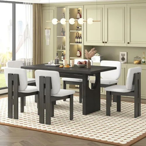 Miniatura 8 de Merax Juego de mesa de comedor de madera para 6, mesa rectangular/sillas tapizadas/diseño geométrico retro, ideal para comedor y cocina, natural