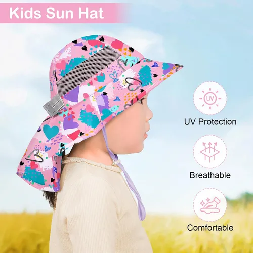 Miniatura 136 de Sombrero de sol para niños, protección UV, unicornio, verano, playa, jugar con ala ancha, solapa para el cuello para niñas y niños