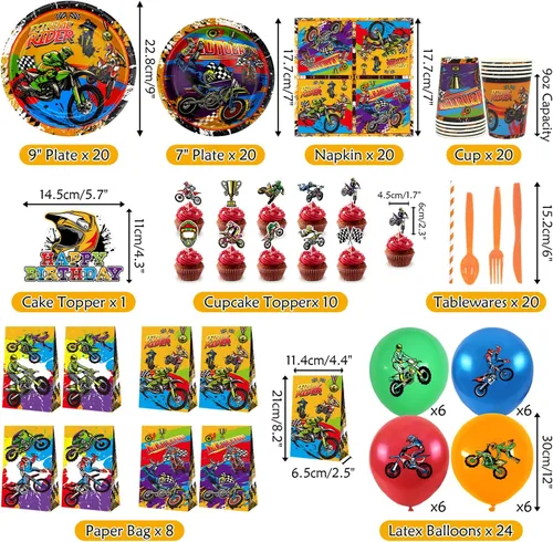 Miniatura 2 de Suministros de fiesta de motocross, incluye telón de fondo de feliz cumpleaños, plato, servilleta, vasos, adornos para pasteles, bolsas de regalo