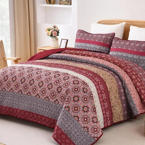 Miniatura 26 de WONGS BEDDING Juego de edredón bohemio tamaño Queen, juego de colcha de retazos a rayas bohemias aguamarina con 2 fundas de almohada, juego de ropa