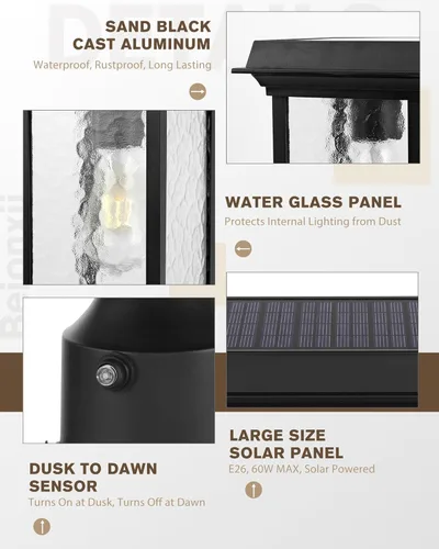 Miniatura 2 de Beionxii Outdoor Solar Post Lights, Dusk to Dawn Solar Lamp Post Light,Solar Powered Outdoor Lamp Post Light with Pier Mount Base,Black