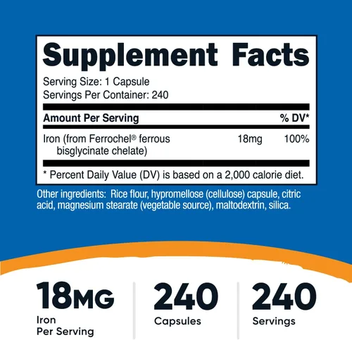 Miniatura 2 de Nutricost Hierro quelado (de Ferrochel) 18 mg, 240 cápsulas - Suplemento de quelato de hierro sin gluten y sin OMG