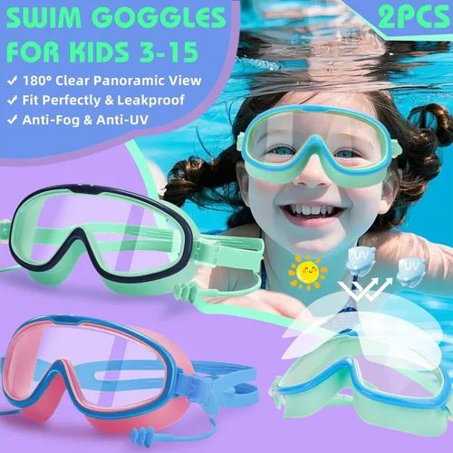 Miniatura 2 de Paquete de 2 gafas de natación para niños de 3 a 15 años de edad, marco grande HD, antivaho, gafas de natación para niños pequeños