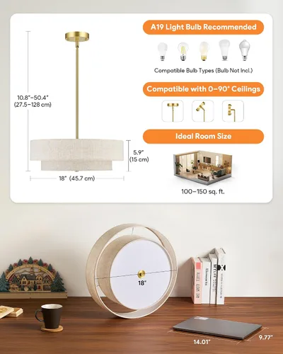 Miniatura 4 de VONLUCE Candelabros modernos, candelabros de tambor de 18 pulgadas con pantalla de tela de 2 capas, lámpara colgante de 4 luces con base E26