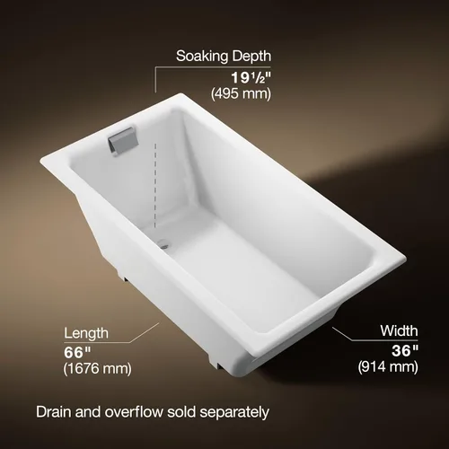Miniatura 3 de Kohler 855-0 Tea-for-Two 66" x 36" bañera empotrada, Blanco