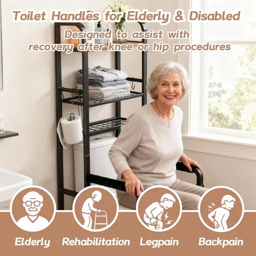 Miniatura 3 de Riel de seguridad para inodoro con almacenamiento, asas de inodoro ajustables para ancianos y personas mayores, accesorios de baño