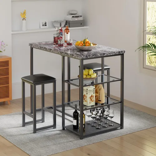 Miniatura 6 de VECELO juego de mesa de bar pequeña y sillas para 2, taburetes tapizados y estantes de almacenamiento de vidrio, para cocina, comedor, rincón