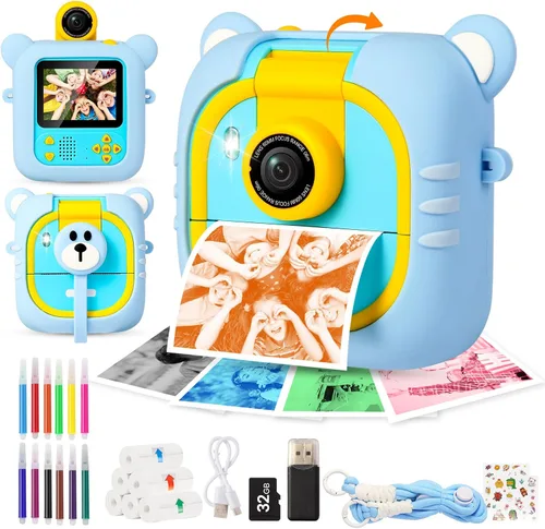 Impresión instantánea de cámara para niños, 7 papeles de impresión (4 colores: O/R/G/B+3 B&W), cámara instantánea de pantalla de 2.4 pulgadas para