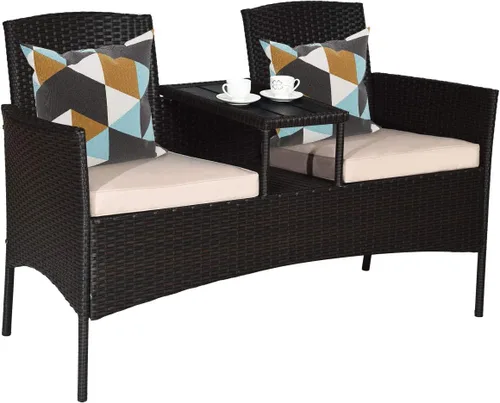 Miniatura 10 de Tangkula Sofá biplaza de ratán para exteriores, juego de conversación para patio con cojines y mesa, moderno juego de sofá de mimbre patentado