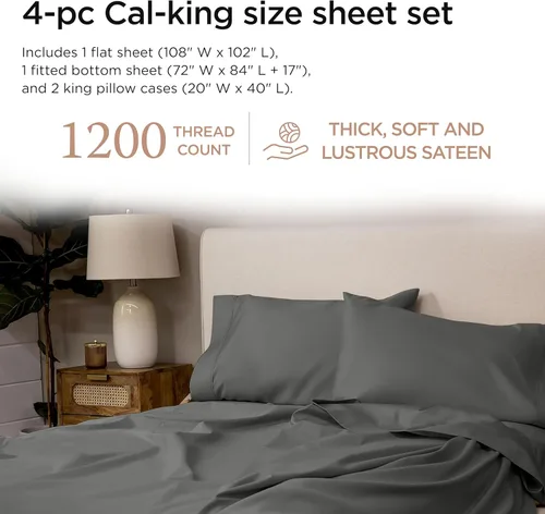 Miniatura 2 de Threadmill Sábanas 100% algodón Supima, sábanas de algodón de 1200 hilos para cama tamaño California King, juego de sábanas de 4 piezas, color gris