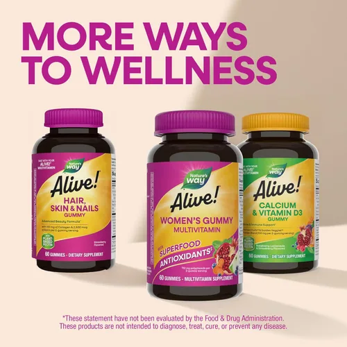 Miniatura 7 de Nature's Way Alive! Gomitas multivitamínicas para mujer, multivitaminas masticables diarias para mujeres, vitaminas A, C, D3, E, vitaminas B, apoya