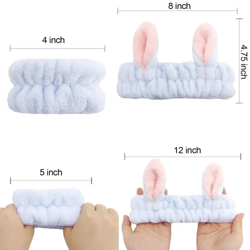 Miniatura 2 de YISSION Lindo juego de diadema y pulsera de conejo para mujeres y niñas, diadema de maquillaje de felpa suave con toallas de muñeca para lavado