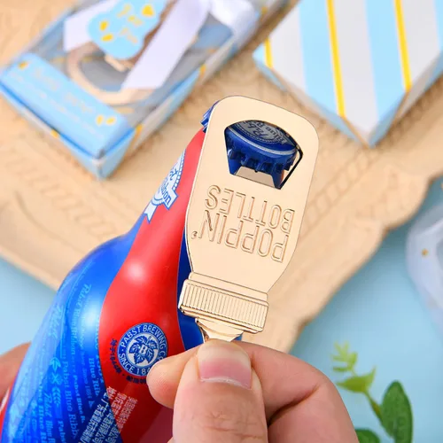 Miniatura 6 de Abrebotellas de bebé, 24 piezas, llavero con huella de oso y niño, abrebotellas con caja de regalo azul, recuerdos de fiesta de baby shower