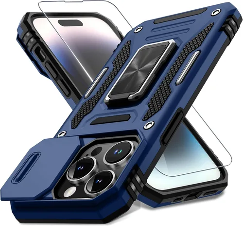 Miniatura 404 de DEERLAMN Funda para iPhone Xs Max con funda deslizante para cámara + protector de pantalla, soporte giratorio de anillo de grado militar a prueba