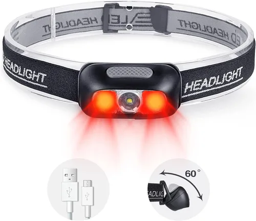 Miniatura 8 de Linterna frontal recargable, ultra brillante de 500 lúmenes, 5 modos de iluminación con luz roja, IPX4, impermeable, correa ajustable, linterna