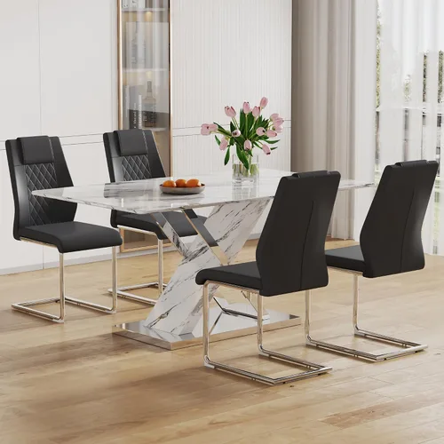 Miniatura 29 de Juego de mesa de comedor de mármol para mesa rectangular blanca de 4.63 pulgadas con marco de metal plateado en forma de X y 4 sillas de comedor