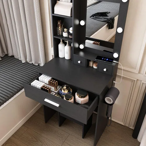 Miniatura 4 de Mesa de tocador con espejo y luces LED ajustables, toma de corriente, soporte para secador de pelo y taburete, para dormitorio pequeño