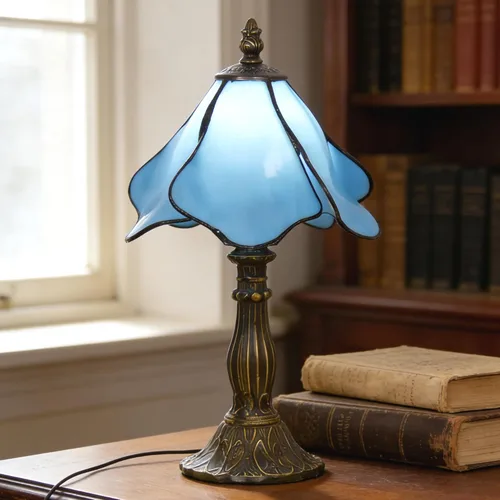 Miniatura 6 de Lámpara Tiffany Pequeña Mini Lámpara de Mesa de Vidrio Teñido Lámpara de Acento de Mesita de Noche Memoria Simpatía 8X14.5 Pulgadas (Azul)