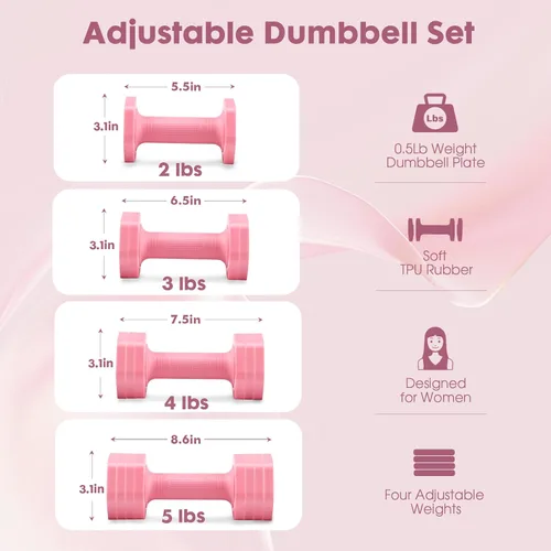 Miniatura 4 de EQUIPRO Adjustable Dumbbell Set, 4 in 1 Free Weights Dumbbells Set for Women, Weights for Women at Home, 2lb 3lb 4lb 5lb with TPU Soft Rubber Handle