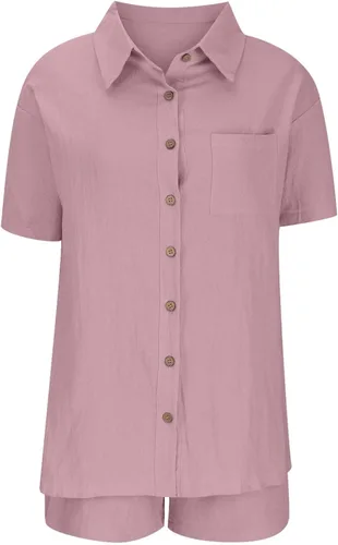 Miniatura 5 de OPHPY Conjunto de dos piezas para mujer, conjunto de lino de 2 piezas de verano, camisas sueltas con botones y pantalones cortos, conjunto