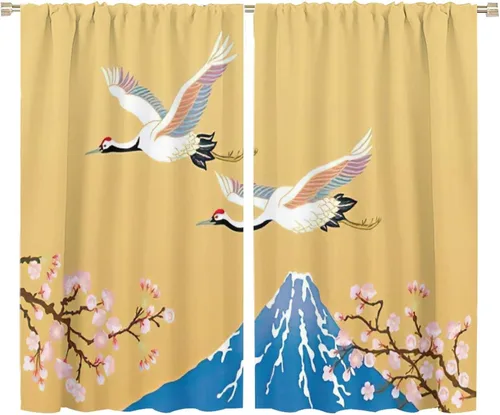 Miniatura 42 de Cortina japonesa con diseño de cerezo en flor, montañas, río, nubes, pinos, paisaje, naturaleza, asiático, anime, oscurecimiento de habitación