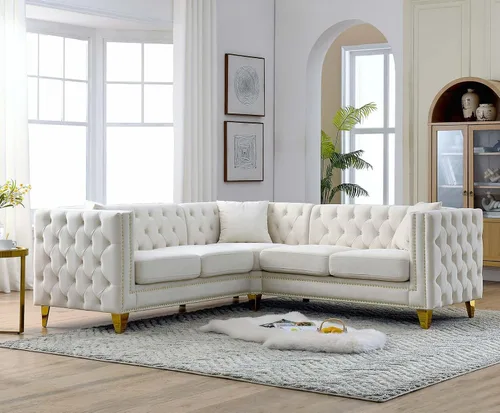 Miniatura 4 de Antetek Sofás en forma de L para sala de estar, moderno sofá de terciopelo con botones y reposabrazos cuadrados incrustados con cabezas de uñas Beige