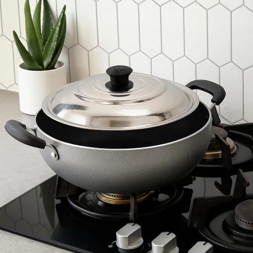 Miniatura 3 de DBY Kadai antiadherente con tapa de acero inoxidable de 2 litros de sartén profunda antiadherente Kadhai indio para curry, freír y salsa de gas