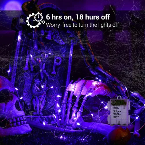 Miniatura 3 de BrizLabs Luces moradas de Halloween, 19.47 pies, 60 luces LED de Halloween, 8 modos de luz morada con control remoto, luz parpadeante impermeable al