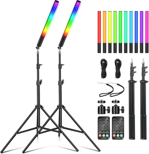 Paquete de 2 varitas de luz LED RGB, kits de iluminación de estudio de fotografía con trípode y control remoto, varita de luz regulable para