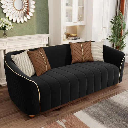 Miniatura 7 de Sofá de lujo de terciopelo retro de 3 plazas, cómodo sofá biplaza tapizado de terciopelo de 86 pulgadas con patas y almohadas de metal dorado, sofá