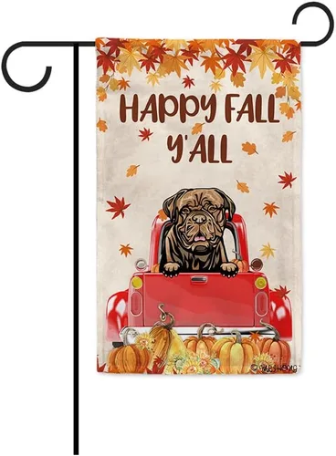 Miniatura 31 de Bandera con texto en inglés «Happy Fall Y'all» con diseño de perro inteligente con calabaza en camión rojo y hojas de arce, pancarta de otoño