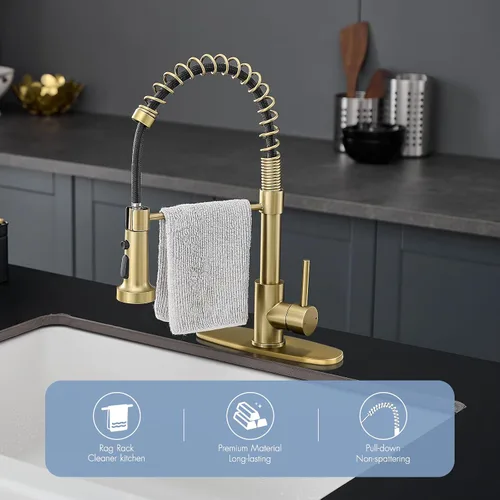 Miniatura 7 de AIMADI - Grifo de cocina dorado con rociador extraíble, grifo de cocina comercial de una sola manija con placa de cubierta, acabado en oro cepillado