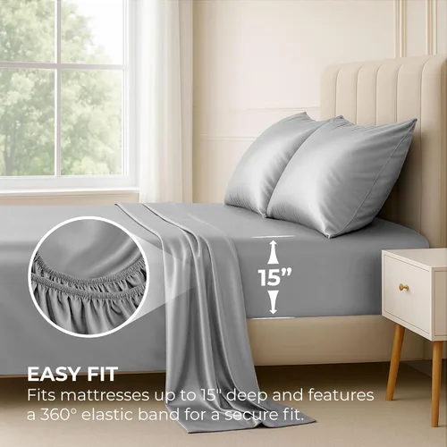 Miniatura 3 de Pure Bedding Sábanas de satén individuales [3 piezas, plateadas] Juego de sábanas sedosas de lujo para hotel, juego de sábanas de microfibra extra