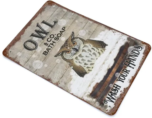 Miniatura 3 de Placa colgante de hierro vintage con diseño de búho y jabón de baño de metal, letrero de lata de metal con texto "Wash Your Hands", estampado