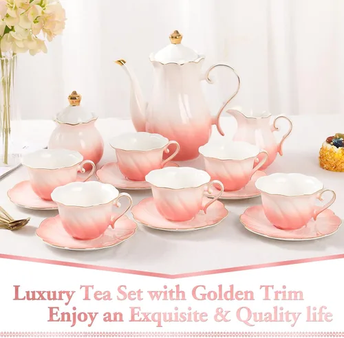 Miniatura 2 de DUJUST Juego de té de porcelana de 22 piezas para 6, lujoso juego de tazas de té/café estilo británico con ribete dorado, hermoso juego de té