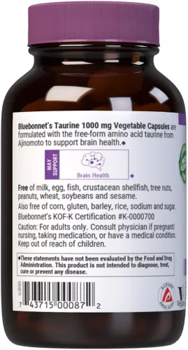 Miniatura 3 de Bluebonnet Nutrición Taurina 1000 mg, Salud del sistema nervioso*, sin OMG, vegano, certificado Kosher, sin gluten, sin soja, 50 cápsulas vegetales