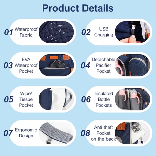 Miniatura 6 de JOYCE Mochila para pañales multifunción resistente al agua con cambiador, bolsa de viaje esencial para mamá, regalo perfecto para ducha y búsqueda