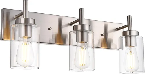 Lámpara de tocador para baño, níquel cepillado, 3 luces, moderna lámpara de pared con pantalla de vidrio transparente, lámpara de pared rústica