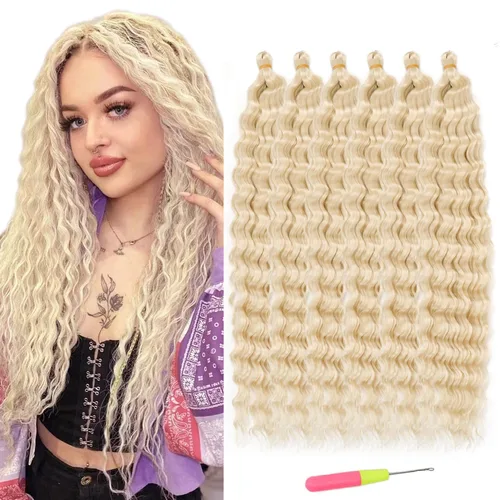 Miniatura 23 de MAYSA Extensiones de cabello sintético de ganchillo con ondas oceánicas, color 4 marrón, 22 pulgadas, rizado trenzado, extensiones de cabello