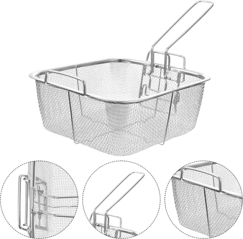 Miniatura 6 de Hemoton Cesta cuadrada de acero inoxidable para freír de 12.9 x 7.9 pulgadas con mango plegable, colador de freidora profunda para papas fritas