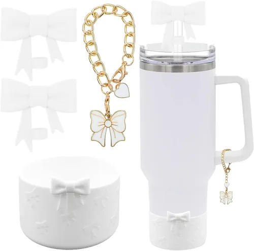Miniatura 42 de Conjunto de accesorios para taza Hpebl para Stanley, incluye 2 tapas de pajita con moño lindo de 10 mm, tapones reutilizables para pajita, 1 funda