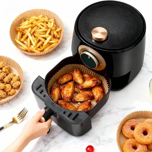 Miniatura 9 de BYKITCHEN 300 PCS forros desechables pequeños para freidora de aire de 2 a 5 QT, forros redondos de papel pergamino para freidora de aire